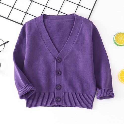 Knit Cardigan for Kids Solid Purple Long Sleeve Button-Up 1