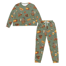 Women's Thanksgiving Pajama Set Turkey Pumpkin Print