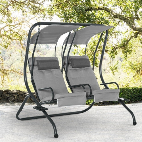 Canopy Swing 2 Separate Relax Chairs w/ Handrails and Removable Canopy Grey 2