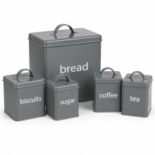 Oypla 5 Piece Grey Kitchen Canister Storage Tin Set Bread Biscuits Tea Sugar Coffee