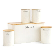 Oypla 5pc Cream Bamboo Lid Kitchen Canister Storage Tin Set Bread Biscuits Tea Sugar Coffee