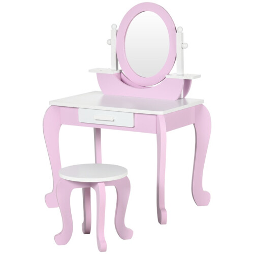 Kids Dressing Table Set, with Mirror, Stool, for Ages 3-6 Years - Pink 1