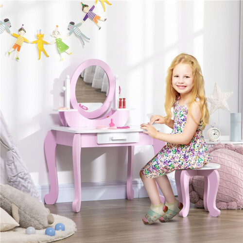 Kids Dressing Table Set, with Mirror, Stool, for Ages 3-6 Years - Pink 2