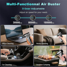 Dépoussiéreur à Air Comprimé 180 000 Tr/Min, avec 3 Vitesses Réglables, Batterie Rechargeable 10 000 MAh pour Clavier/PC/Voiture/Extérieur.