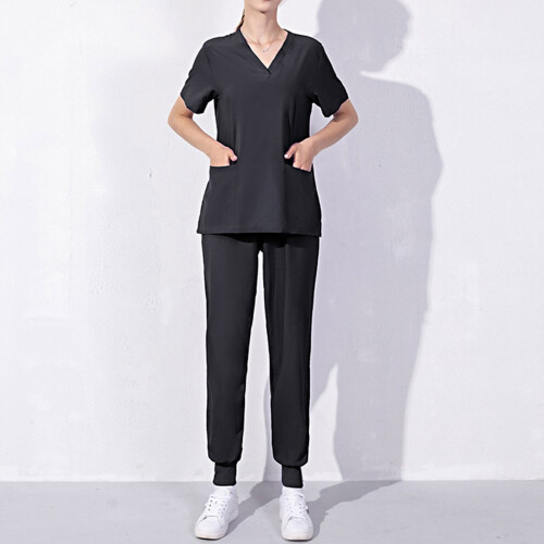 Women's Jogger Scrubs Top Black Short-Sleeve Solid with 1