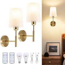 Battery Operated Wall Sconce 2 Pack, Dimmable Wireless Wall Lamp with 3 Colour Temperatures, 5000mAh Rechargeable Bulbs & Remote Timer Control, Gold