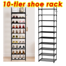 10 Tier Tall Shoe Rack Metal Narrow Shoe Rack with Hooks, Space Saving Shoe Storage Organizer for Living Room Entryway Hallway Cloakroom