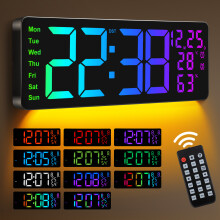 16 Inch Plug in Digital Wall Clock, Large LED Display Clock 12/24H Week Date Dual Alarm RGB Ambient Light Countdown Brightness Temp Humidity