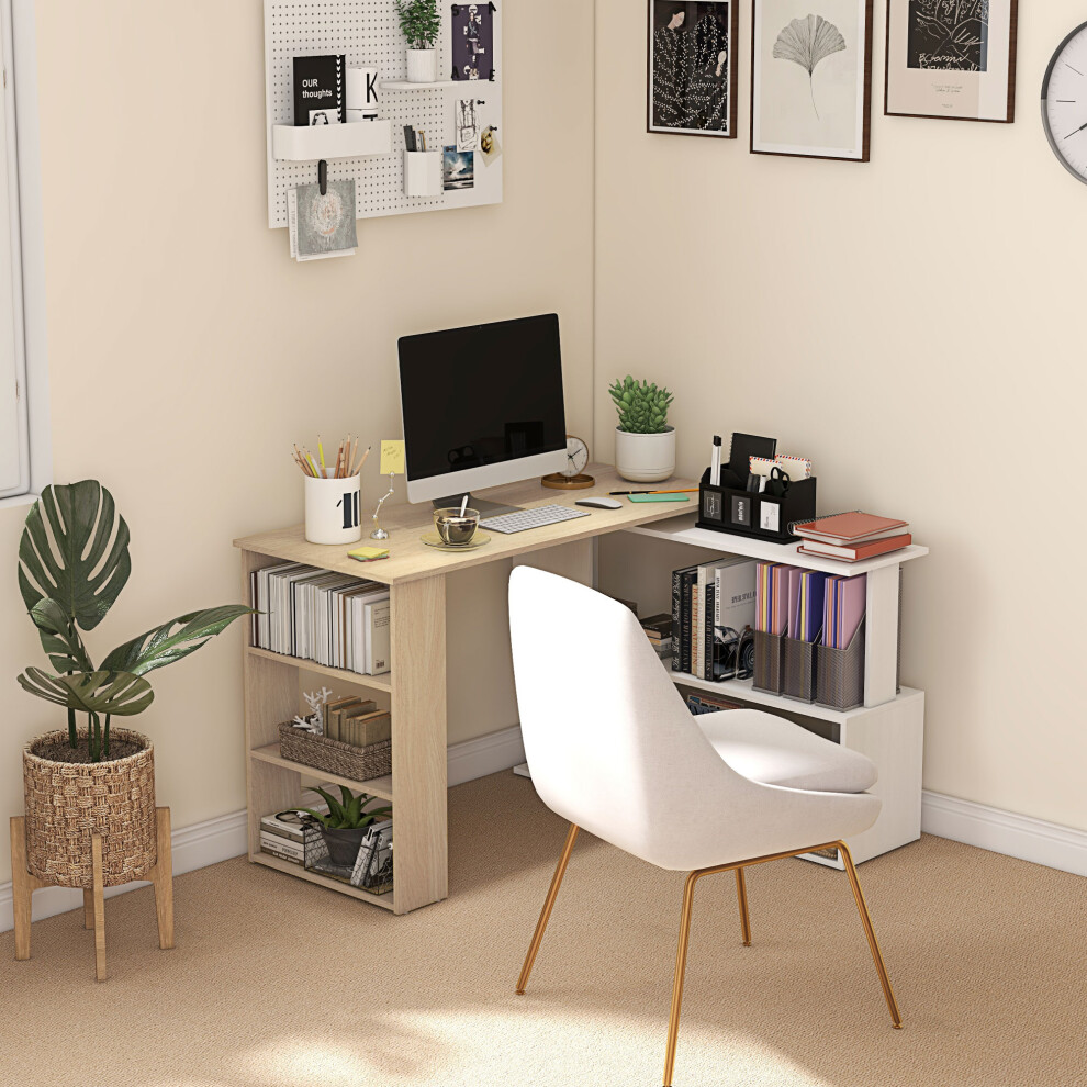 Homcom Corner Desk With Rotating Design And Bookshelf, Natural And White