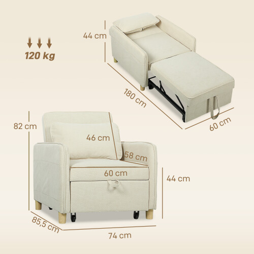 Homcom Sofá Cama Individual Beige 74 x 85.5 x 82 cm 2
