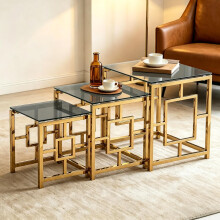 Gold 3Pcs Nesting Table Sets Black Glass End Table