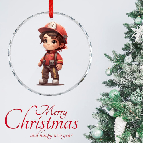 Cartoon Firefighter Boy Glass Ornament 2025 2