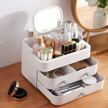 White Portable Makeup Storage Organizer with Mirror and Multi-Drawers for Skincare Lipstick