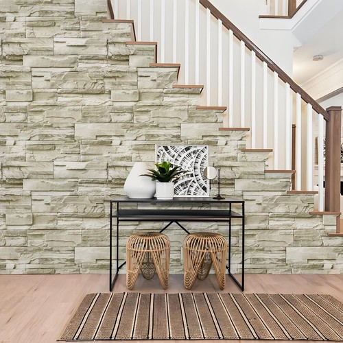 Self-Adhesive Grey Beige Textured Wallpaper Rustic Brick Effect Realistic Featur 2