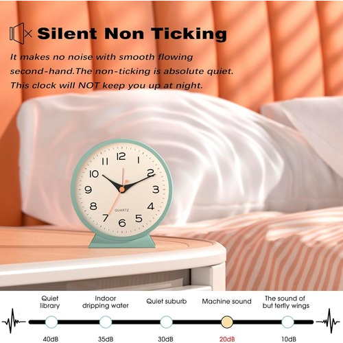 Analog Alarm Clock with No Tick, Small Retro Desk Clock Battery Operated, Table 1