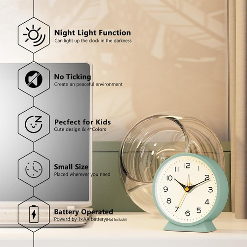 Analog Alarm Clock with No Tick, Small Retro Desk Clock Battery Operated, Table 2