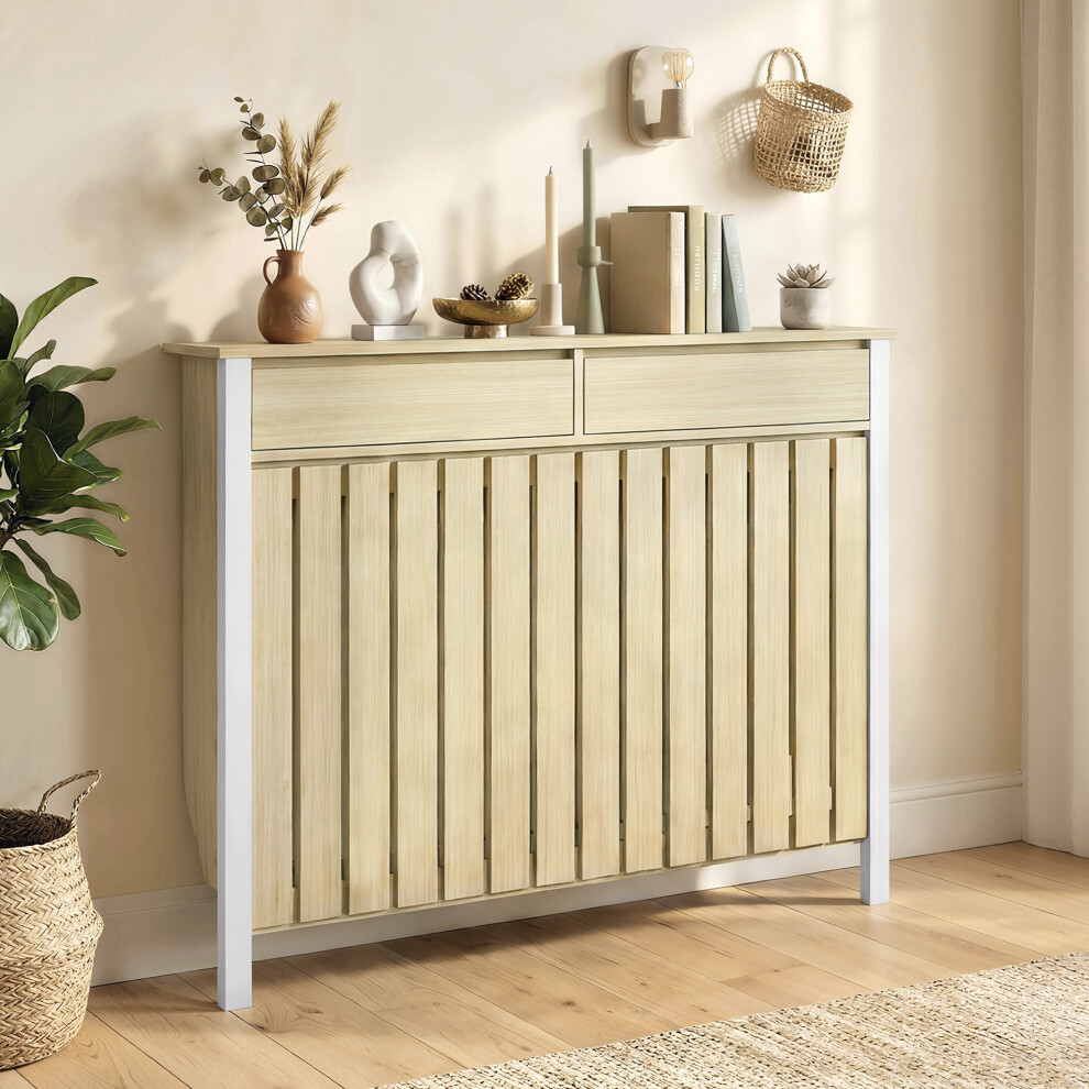 HOMCOM Large Modern Radiator Cover with Drawers & Vertical Slats Oak in Light Oak - Image 4