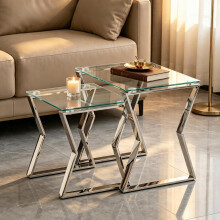 (Sliver Leg+Clear Class) Set of 2 Coffee tables