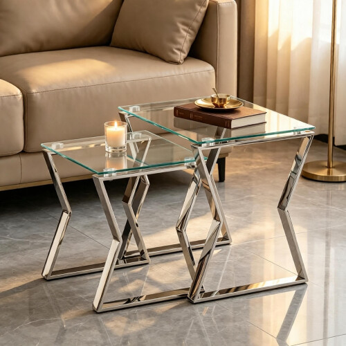 AINPECCA (Sliver Leg+Clear Class) Set of 2 Coffee tables