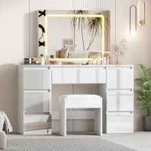 120CM 7 Drawers High Gloss White Dressing Table Vanity Makeup Desk W/Stool