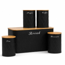Oypla 5pc Black Bamboo Lid Kitchen Canister Storage Tin Set Bread Biscuits Tea Sugar Coffee