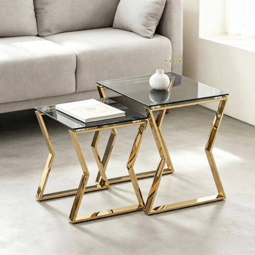 AINPECCA (Gold Leg+Blue-grey Class) Set of 2 Coffee tables