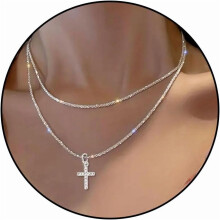 Silver Cross Necklace for Women with Rhinestones Dainty