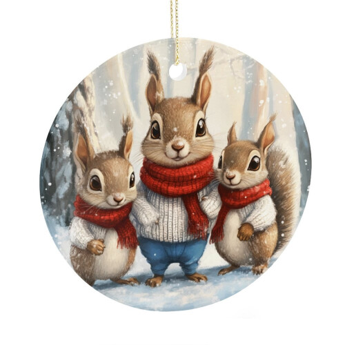 Ceramic Squirrel Ornament Red Scarf Set of 3