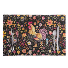 Non-Slip Faux Linen Placemats Floral Rooster Design 8 Pcs