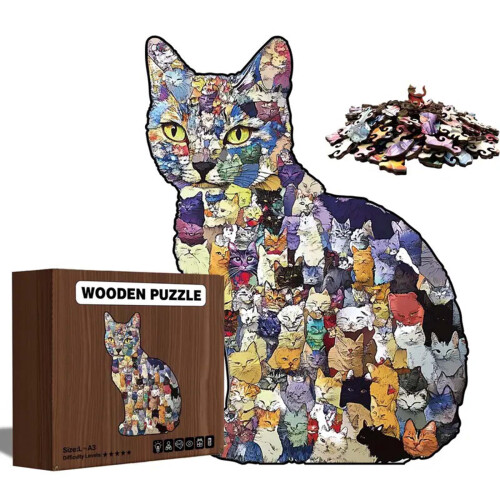 Cat-Shaped Wooden Puzzle Colorful Irregular Design L 1