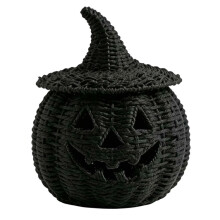 Panier en Herbe de Mer Tissé pour Halloween avec Couvercle en Chapeau de Sorcière, Rangement Fait Main pour Friandises, Lumière LED, Décoration