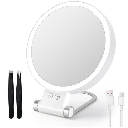 30X Doppelseitiger LED-Spiegel 3 Farben, Handheld Desktop Reise-Make--Spiegel mit Pinzette