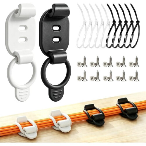10 Sets Adjustable Cable Management Clips, Self Adhesive Cord Organizer with Elastic Loop, Reusable Cable Holder