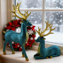 Blue Resin Christmas Reindeer Statue Set 2 pcs