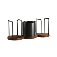 Koffiebeker Dispenser met Rietje & Roerstaafhouder, Houten Basis Multi-Slot Organizer voor Thuis Keuken Kantoor Zwart