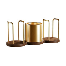 Coffee Cup Dispenser with Straw & Stirrer Holder, Wooden Base Multi-Slot Organizer for Home Kitchen Office Gold