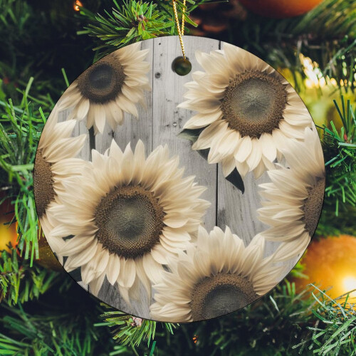 Rustic Barn Sunflower Ornament White Grey Wood 1