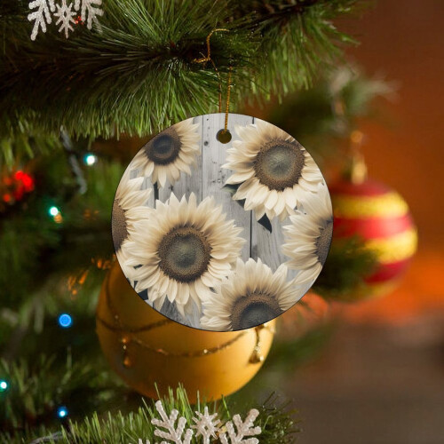 Rustic Barn Sunflower Ornament White Grey Wood 2