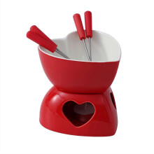 Ceramic heart-shaped chocolate fondue cup set with 2 forks