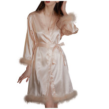 Women's Casual Feather Kimono Robe Beige M