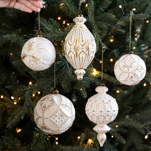 Christmas Tree Ornaments White and Gold Vintage Plastic