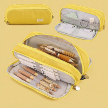 Pencil Case Yellow Oxford Fabric 3-Compartment Zippered