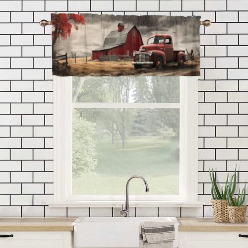Vintage Red Truck Kitchen Valance Curtains Rustic Farm 2