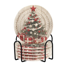Drink Coasters with Holder 6-Pc Red White Christmas Tree