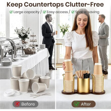 Coffee Cup Dispenser with Straw & Stirrer Holder, Wooden Base Multi-Slot Organizer for Home Kitchen Office Gold