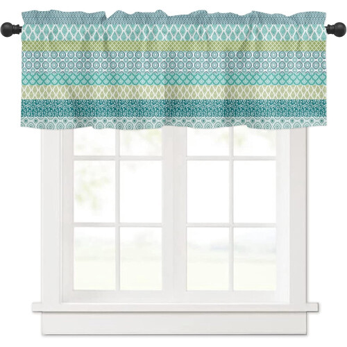 Boho Rod Pocket Curtain Valance Teal Blue Green Geometric