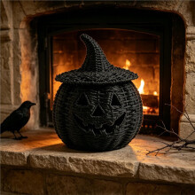 Panier en Herbe de Mer Tissé pour Halloween avec Couvercle en Chapeau de Sorcière, Rangement Fait Main pour Friandises, Lumière LED, Décoration