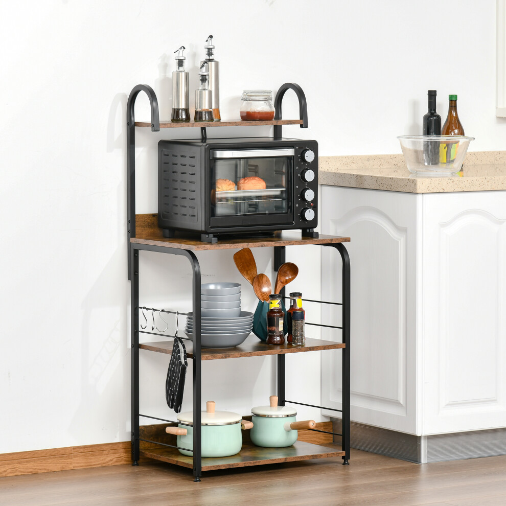 Rackhams Brown 4-Tier Baker's Rack With Storage, Microwave Stand With 4 Hooks - 60 X 40 X 125 Cm - Rustic - 1 - Image 3