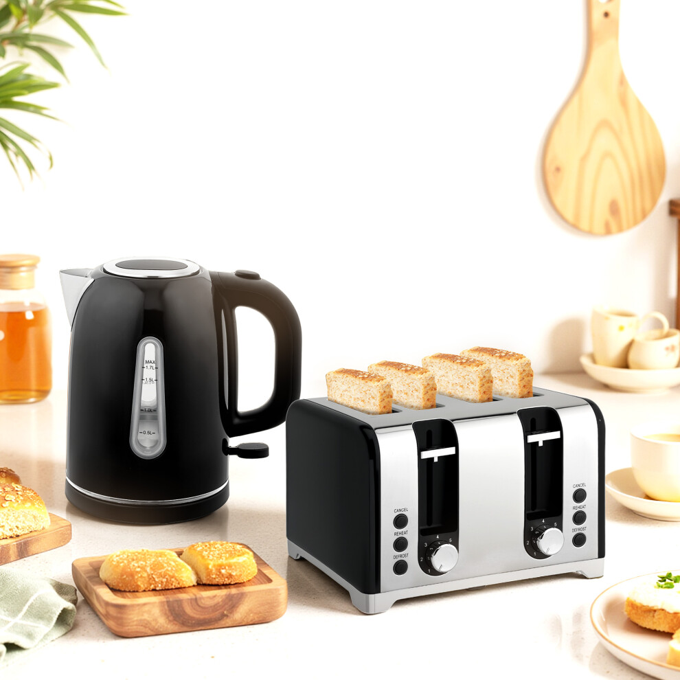 Homcom 4 Slice Wide Slot Toaster And 1.7L Rapid Boil Kettle Set, Black