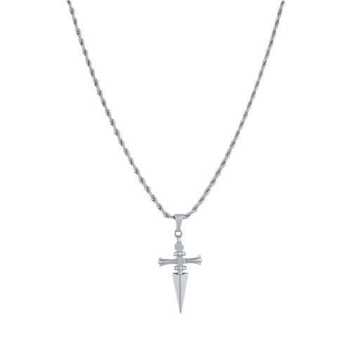 Adjustable Rope Necklace with Metal Cross Pendant Silver